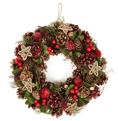 Festive Christmas Wreath Festive 36cm Red Berry and Gold Cone Wreath