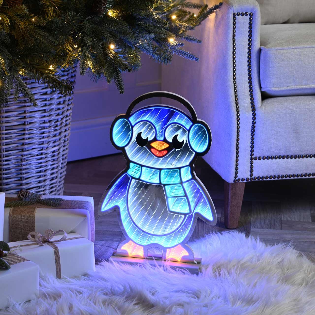 Festive Infinity Lighting Festive Lit Infinity Penguin with Earmuffs Light