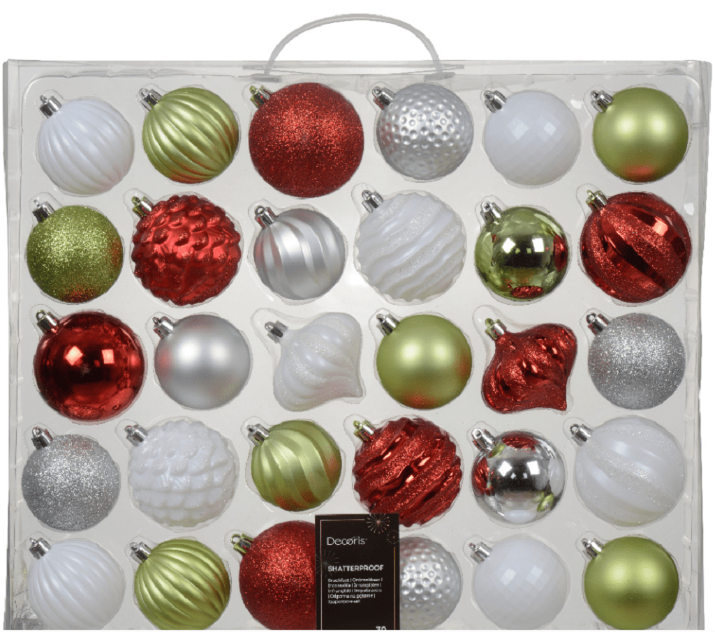 Kaemingk Baubles Kaemingk Bauble Set Shatterproof Mix Red/Green/White 30pc